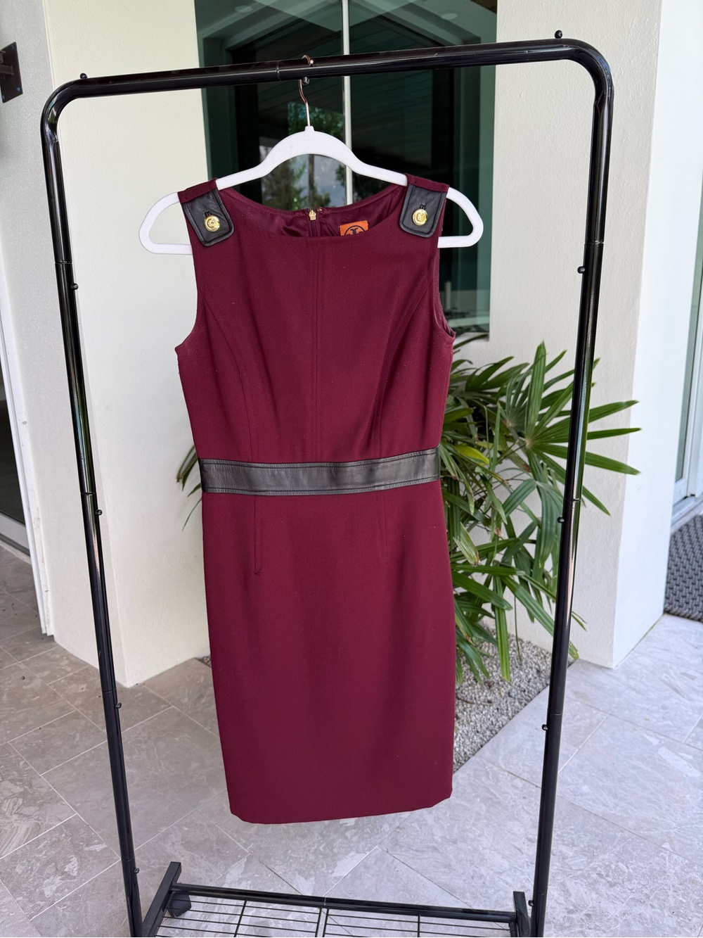 Tory Burch Burgundy Sheath Dress with Black Leather Trim